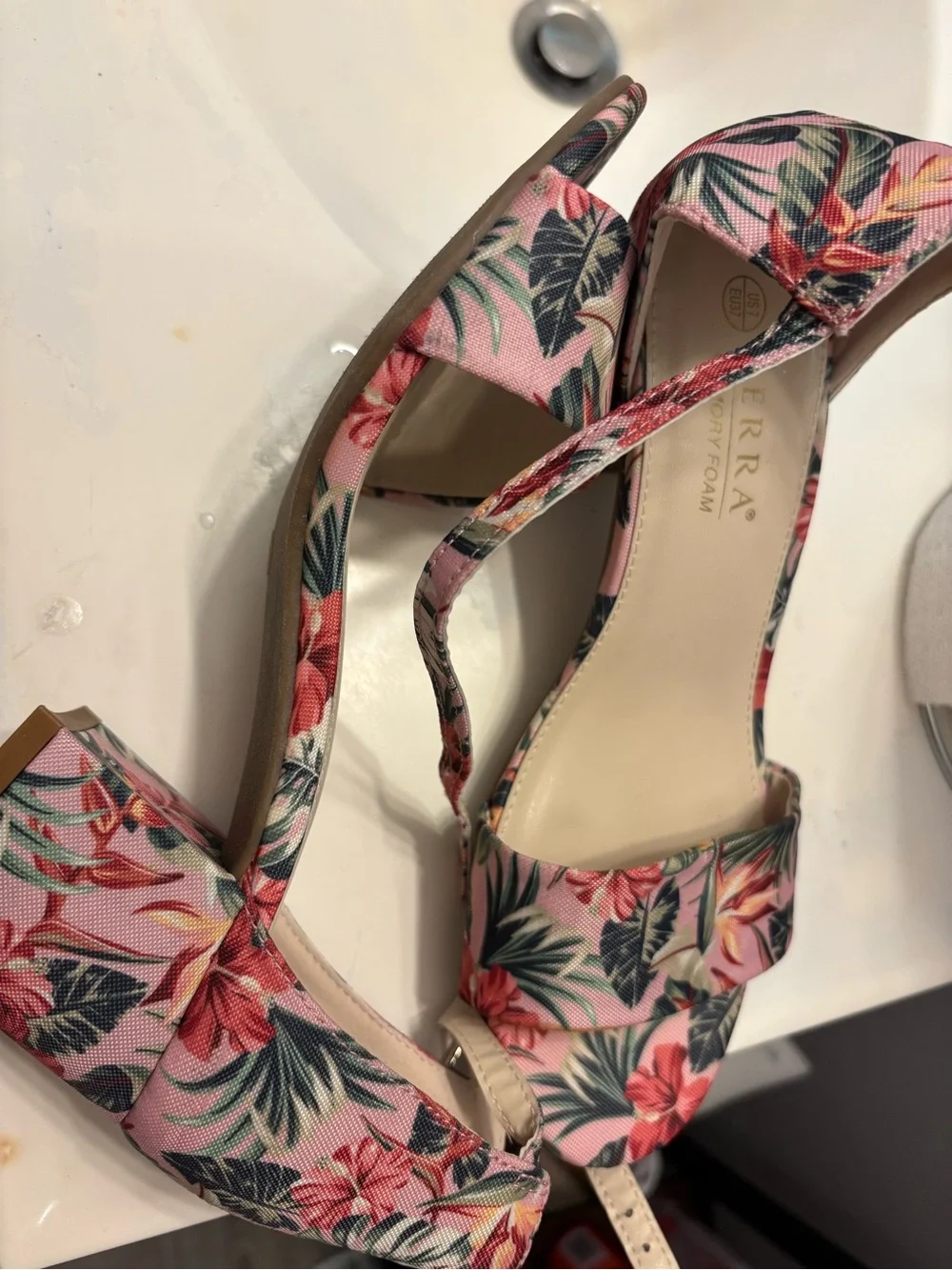 Serra Pink Floral Ankle-Strap Block Heel Sandals